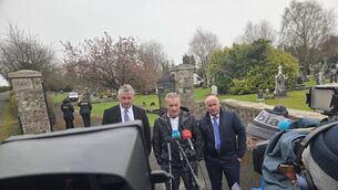 <p>Peter, Willie and Brendan Farrell speaking to the media today outside Bornacoola cemetery after their late father was exhumed  by members of the Garda Technical Bureau.</p>