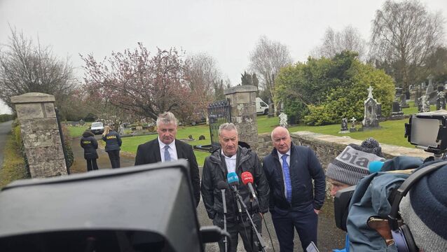 <p>Peter, Willie and Brendan Farrell speaking to the media today outside Bornacoola cemetery after their late father was exhumed  by members of the Garda Technical Bureau.</p>