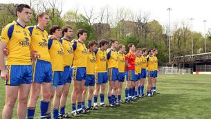 <p>The Roscommon senior footballers, including Michael Finneran (second from left), line up for the National Anthems before the Connacht SFC game against New York in Gaelic Park in 2011. Picture: INPHO/Peter Marney</p>