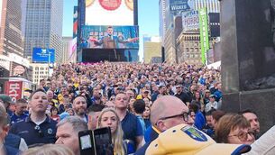<p>Some of the Rossies who gathered in Times Square, New York this morning on the famous red steps. Pic: Conor McLoughlin</p>
