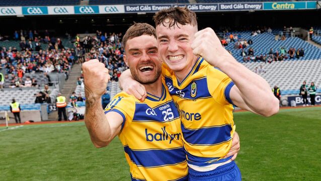 <p>WE DID IT: Seán Canning (right) celebrates with Daniel Staunton following the Roscommon senior hurlers' Nickey Rackard Cup success in Croke Park last year. Picture: INPHO/Ben Brady</p>