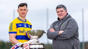 <p>READY TO ROCK: Roscommon senior football manager, Mark Dowd, and captain Diarmuid Murtagh with the Nestor Cup at the launch of this year's Connacht Senior Football Championship. Picture: INPHO/Tom O’Hanlon</p>