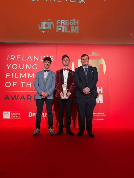 Pictured centre is Liam Donohoe Dunne (16), from Kilteevan, who received the Best Comedy Award for his film Slasher at this year’s Ireland’s Young Filmmaker of the Year Awards (IYFTY) 2026 with cast members Robert Shannon and Darragh Lee. All three are TY students at Athlone Community College. Pictured centre is Liam Donohoe Dunne (16), from Kilteevan, who received the Best Comedy Award for his film Slasher at this year’s Ireland’s Young Filmmaker of the Year Awards (IYFTY) 2026 with cast members Robert Shannon and Darragh Lee. All three are TY students at Athlone Community College.