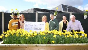 <p>Nagaraja Chadrashekhara, health care assistant; Caroline Maguire, director, Central Park Nursing Home; Breda Keaveney, director of recreation; Michael Queeney, resident; Katie McDermott, assistant director of Nursing and Thomas Cunningham, resident. Central Park Nursing Home in Clonberne was delighted to mark a truly special and successful Daffodil Day. </p>