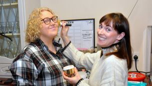 <p>Clara Canny getting ready with Siobhan Egan for the production of ‘Big Splash Small Fish’ staged by the Cloonbonniffe Drama Group at the Trinity Arts Centre, Castlerea. Pic: Liam Reynolds</p>