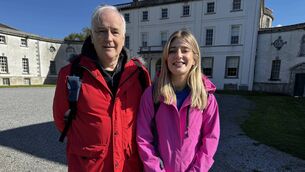 <p>Myles Dungan and Doireann Ní Ghlacáin at Strokestown Estate Pic: RTE </p>