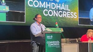 <p>Anna Kelly, principal of Kilteevan NS addressing the INTO Congress. </p>