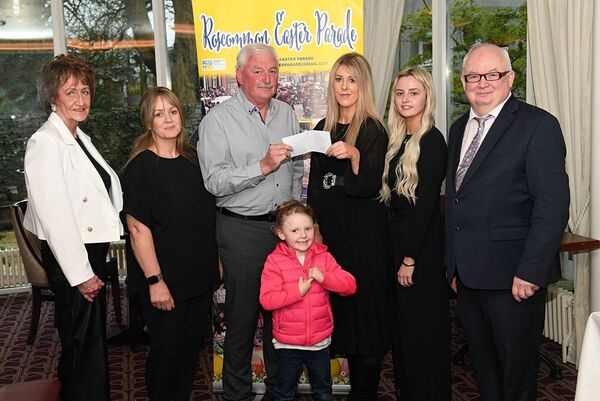 The Hair Boutique at Church Street, Roscommon won third prize at the Roscommon Town Easter Parade. Picture shows J.J. Cattigan, presenting Sinéad O’Grady with a cheque at a presentation function last week. Also in picture are: Patricia Mullaney, Catherine McDermott, Yasmin Glynn, Mia Naughton and Easter Parade chairperson Larry Brennan. Pic: Gerard O’Loughlin
