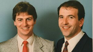 <p>RTE’s legendary sports broadcaster the late Michael Lyster and Roscommon photographer Gerard O’Loughlin at the official opening of Gerard's photographic studio in Roscommon Town back in the late 1980s.</p>