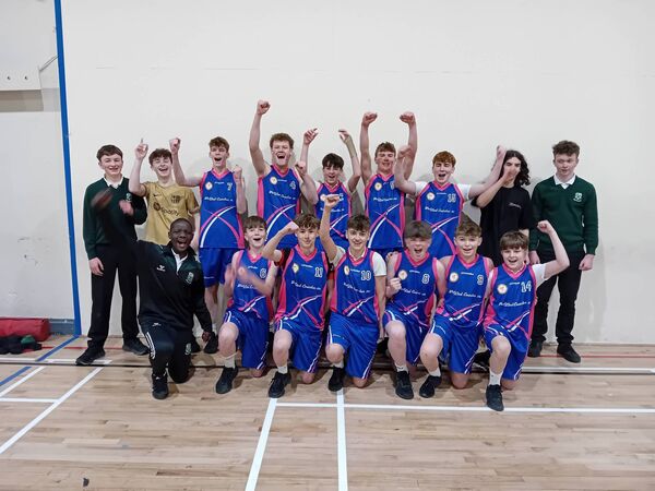 The Drumshanbo Vocational School’s Junior B volleyball team, with several players from North Roscommon, celebrating their ultra narrow win (25-15 17-25 16-14) over Tyndall College Carlow in in the All- Ireland semi-final. They play the final this week.