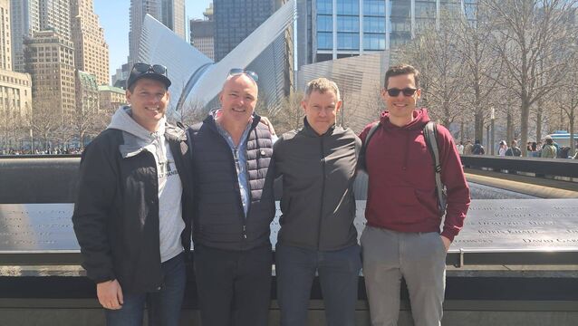 CORRIGEENROE ON TOUR: Corrigeenroe natives Tomás Cooney, Conor McLoughlin, Ian Cooney and Seán Cooney at one of the towers where the World Trade Centre once stood during Roscommon's recent visit to New York. <p>CORRIGEENROE ON TOUR: Corrigeenroe natives Tomás Cooney, Conor McLoughlin, Ian Cooney and Seán Cooney at one of the towers where the World Trade Centre once stood during Roscommon's recent visit to New York. </p>