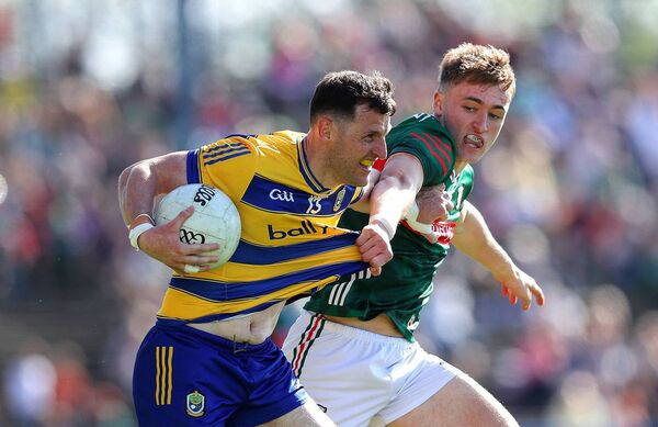 Diarmuid Murtagh, who finished with 1-10, holds off the challenge of Mayo's Donnacha McHugh during Sunday's Connacht SFC semi-final at Hastings Insurance MacHale Park, Castlebar. Picture: INPHO/Tom O’Hanlon