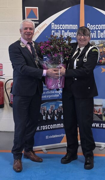 Roscommon Civil Defence last week acknowledged local woman Margaret's 40 years service as a volunteer. She will be getting formal recognition later in Dublin as part of National Civil Defence 75 year anniversary celebrations. She is pictured here with the Cathaoirleach of Roscommon County Council Cllr Liam Callaghan. 
