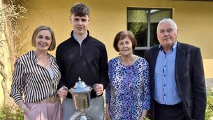 <p>Darragh Fahy from Loughrea AC, Galway, pictured with his mother Sharon Fahy (nee Supple) and his grandparents Bernie and Teresa Supple from Garrow, Boyle.</p>