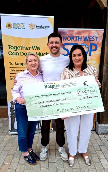 Fergal Guihen presents a cheque for €105,000 to Marie McGuinness, Mayo Roscommon Hospice fundraising department and Martina Jennings, CEO Mayo Roscommon Hospice at Drumhierny Woodland Hideaway. Pic: Noreen Gaffney Fergal Guihen presents a cheque for €105,000 to Marie McGuinness, Mayo Roscommon Hospice fundraising department and Martina Jennings, CEO Mayo Roscommon Hospice at Drumhierny Woodland Hideaway. Pic: Noreen Gaffney