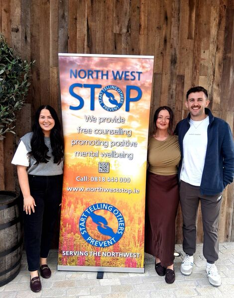 Pictured at Drumhierny Woodland Hideaway with Fergal Guihen were Michelle McNama, and Cllr Leah Cull. Fergal presented a cheque for €105,000 to the North West Stop charity. Pic: Noreen Gaffney 