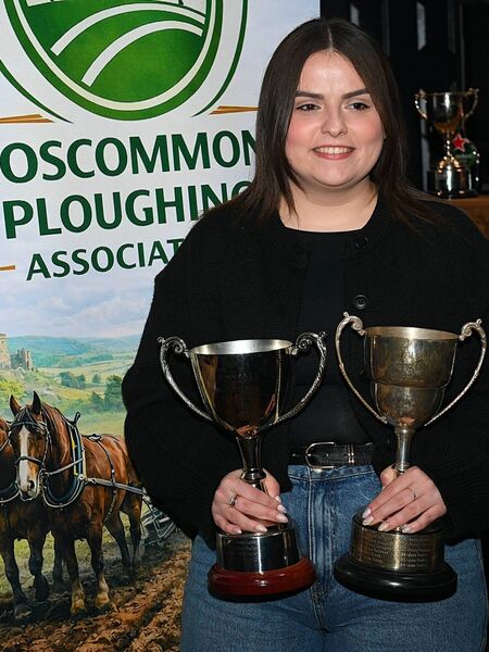 Kellie Hanley pictured with the Finnegan Perpetual Cup and the Liam Beirne Perpetual Cup at the launch of the Roscommon Ploughing Championships. Pic: Gerard O'Loughlin