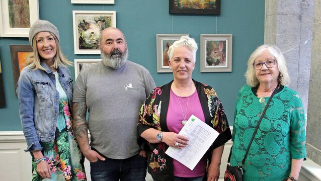 <p>Artist Therese Tierney with organisers Anna D and Phil Atkinson and Shelley Corcoran at a HeARTlands Exhibition at King House in Boyle. </p>