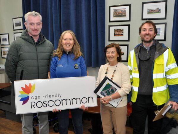 Declan Gaffney, national technical advisor, Age Friendly Ireland; Sheila Coyle, Age Friendly programme manager, Roscommon County Council; Eileen Hughes, regional Age Friendly manager; Declan Finneran, area engineer, Roscommon County Council pictured during an An Age Friendly Walkability Audit at King and Moffatt Dr. Hyde Park. Pic: Liam Reynolds