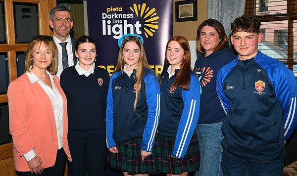 Pictured at Darkness Into Light County Launch at the Percy French Hotel, were, from left: Yvonne Ryan, Senator Gareth Scahill, Emma Larkin, Mia Cryan, Ciara Fannon, Sinéad Ronan-Wells, fundraising manager at Pieta, and Darko Bachvarov (all Castlerea Community School). Pic: Gerard O’Loughlin Pictured at Darkness Into Light County Launch at the Percy French Hotel, were, from left: Yvonne Ryan, Senator Gareth Scahill, Emma Larkin, Mia Cryan, Ciara Fannon, Sinéad Ronan-Wells, fundraising manager at Pieta, and Darko Bachvarov (all Castlerea Community School). Pic: Gerard O’Loughlin