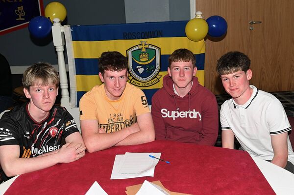 Senan Flanagan, Western Gaels; Paudi Gilligan, Ballinameen; Mikey McTeigue, Ballinameen and Cian Gallagher, Western Gaels, at the recent table quiz for the Roscommon minor football panel in the Percy French Hotel, Strokestown. Picture: Gerard O'Loughlin Senan Flanagan, Western Gaels; Paudi Gilligan, Ballinameen; Mikey McTeigue, Ballinameen and Cian Gallagher, Western Gaels, at the recent table quiz for the Roscommon minor football panel in the Percy French Hotel, Strokestown. Picture: Gerard O'Loughlin
