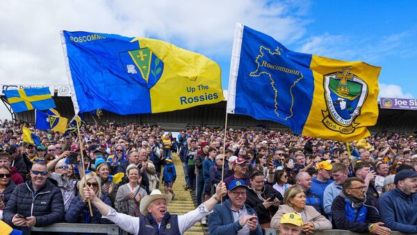 A section of the huge Roscommon following on the East Terrace side of King and Moffatt Dr. Hyde Park during Sunday's Connacht final against Galway. Picture: INPHO/James Lawlor 