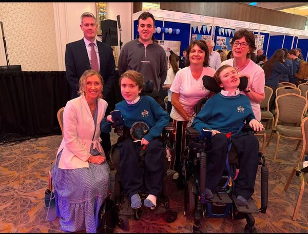 Isaac and George Naughton won the Special Achievement Award at this year’s Student Enterprise Programme national finals. They are pictured here with teachers and representatives of LEO Roscommon.