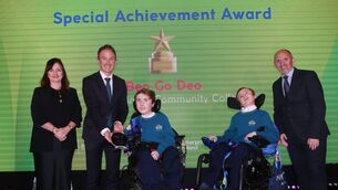<p>Isaac and George Naughton are presented with the Special Achievement Award at this year’s Student Enterprise Programme national finals. </p> <p>Isaac and George Naughton are presented with the Special Achievement Award at this year’s Student Enterprise Programme national finals. </p>
