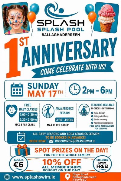 Splash Pool Ballaghaderreen will mark its first anniversary with family-friendly event and free pool sessions.