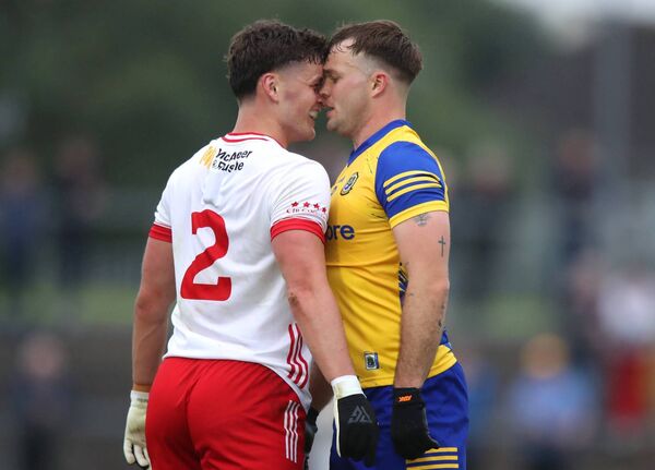 GETTING TO KNOW EACH OTHER: Michael McKernan and Ultan Harney clash during the All-Ireland SFC preliminary quarter-final between Tyrone and Roscommon at O'Neill's Healy Park, Omagh, in June 2024. Picture: INPHO/Leah Scholes