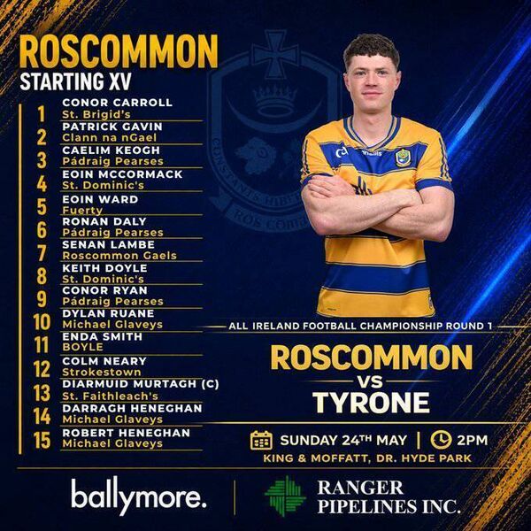 The Roscommon starting 15 for Sunday's All-Ireland SFC game against Tyrone. Graphic: Roscommon GAA The Roscommon starting 15 for Sunday's All-Ireland SFC game against Tyrone. Graphic: Roscommon GAA