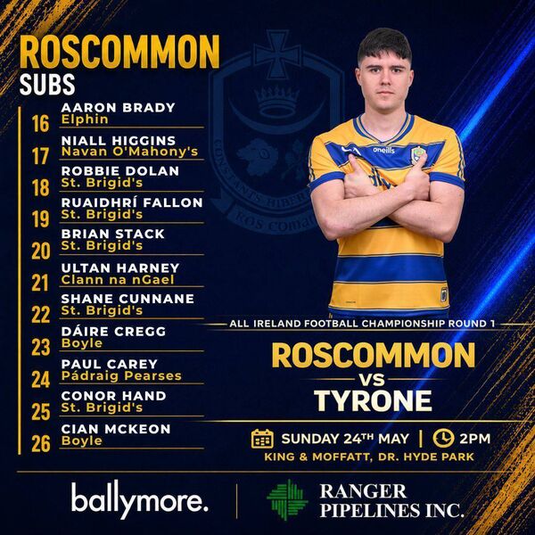 The Roscommon substitutes bench for Sunday's big game against Tyrone. Graphic: Roscommon GAA The Roscommon substitutes bench for Sunday's big game against Tyrone. Graphic: Roscommon GAA