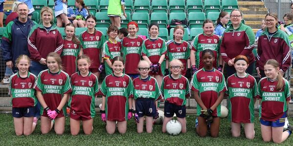 The Castlerea St Kevins U-12 girls who played an exhibition game at half time during the recent Connacht LGFA Intermediate Final between Roscommon and Leitrim in Páirc Sean Mac Diarmada Carrick-on-Shannon.