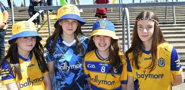 Katie Kelly, Aoibh O’Rourke, Aimee Burke and Charlotte Fallon, Roscommon Town, supporting the Roscommon senior footballers against Tyrone at King and Moffatt Dr. Hyde Park on Sunday last. Picture: Gerard O'Loughlin