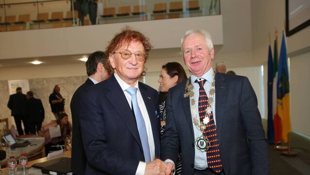 <p>Sean Mullryan with Council Cathaoirleach, Cllr Liam Callaghan. Pic: Paul Molloy</p>