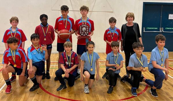 Senior room children from Boyle Parochial School are pictured here with their teacher, Mardette Lynch, after winning the North Roscommon Small Schools' Basketball Final recently at The Hub in Castlerea. This sporting achievement is a first in the history of Boyle Parochial School.
