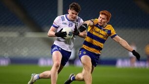 <p>Bobby McCaul, seen here in action against Colm Neary during last year's Division Two League final against Roscommon in Croke Park, will miss Saturday week's big game against the Rossies in Clones. Picture: INPHO/Ryan Byrne</p>
