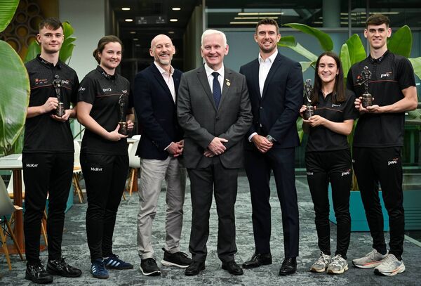 Ulster GAA President Michael Geoghegan (centre); PwC partner Ronan Finn (left), and GPA Welfare and Engagement Manager Colm Begley with PwC GAA/GPA Players of the Month for May (l-r): Roscommon footballer Darragh Heneghan, Kerry footballer Mary Ellen Bolger, Clare camogie's Róisín Begley and Dublin hurler Brian Hayes with their awards at PwC offices in Dublin. Picture: David Fitzgerald/Sportsfile Ulster GAA President Michael Geoghegan (centre); PwC partner Ronan Finn (left), and GPA Welfare and Engagement Manager Colm Begley with PwC GAA/GPA Players of the Month for May (l-r): Roscommon footballer Darragh Heneghan, Kerry footballer Mary Ellen Bolger, Clare camogie's Róisín Begley and Dublin hurler Brian Hayes with their awards at PwC offices in Dublin. Picture: David Fitzgerald/Sportsfile