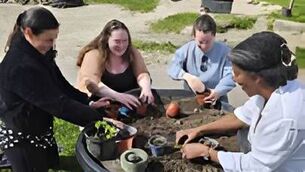 <p>Olga, Boyle FRC, Emma, Castlerea FRC, Janice, Ballaghaderreen FRC, and Catia, South Roscommon FRC enjoying a recent workshop in Willow Outdoor Preschool, Roscommon.</p>