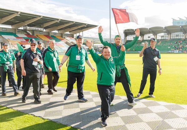 Members of Team Connacht arrive for the opening ceremony of the 2026 Special Olympics Ireland Summer Games in Tallaght Stadium on Friday morning. Picture: INPHO/Tom Maher
