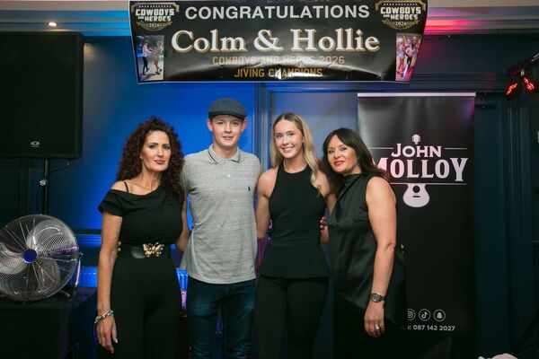 Marion Hanify, Colm Flaherty, Hollie and Siobhan Kilroe pictured at The Coachman's, Roscommon during a celebration held in honour of Colm and Hollie’s victory in the 2026 Cowboys and Heroes Jiving Competition. Pic: Michelle Hughes Walsh Marion Hanify, Colm Flaherty, Hollie and Siobhan Kilroe pictured at The Coachman's, Roscommon during a celebration held in honour of Colm and Hollie’s victory in the 2026 Cowboys and Heroes Jiving Competition. Pic: Michelle Hughes Walsh