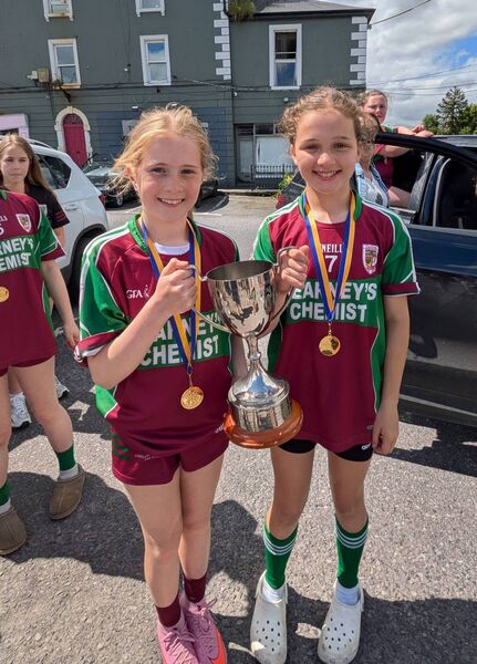 Ruth Lafferty and Madeleine Henry joint captains of the Castlerea St. Kevin's U-12 team that won the Roscommon Community Games county title. The team now goes on to the Connacht finals on July 25th in Sligo.
