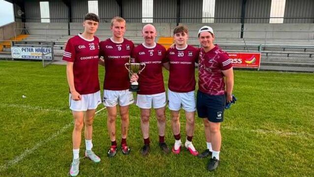 <p>Boyle junior football captain, David Kelly, with his nephews Ben Kilroy, Daire McDonald, Kevin Byrne and Luke Kelly after their team's Division Four League success against St. Faithleach's in Ballyleague on Friday evening. Picture: Roscommon GAA</p>
