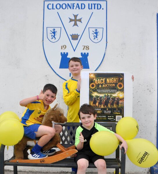 Emmet Kinnarney, Finlay Kelly and Conor Burke promoting the fundraiser in aid of Mayo Roscommon Hospice Foundation and Cloonfad United FC, which takes place on Saturday, July 25th. Pic: Liam Reynolds