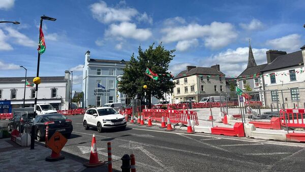 The Square, Ballaghaderreen decked out in red and green. The Square, Ballaghaderreen decked out in red and green.
