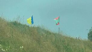<p>The Roscommon and Mayo flags flying side-by-side on the Ballaghaderreen By-Pass. Pic: Cllr Frain</p>