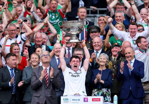 Mayo senior football captain and Ballyhaunis defender, Jack Coyne, lifts the Sam Maguire Cup to confirm his side as All-Ireland senior football champions. Picture: INPHO/Tom O’Hanlon
