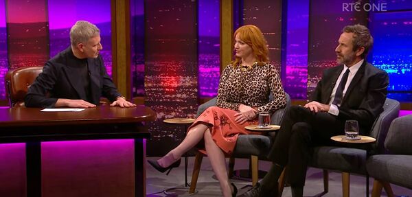 Chris O'Dowd pictured with actress Christina Hendricks (Mad Men) when they appeared on the Late Late Show to talk with host Patrick Kielty about  'Small Town Big Story'. Pic: Courtesy RTE