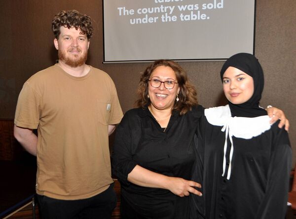 Darragh O'Brien, Shereen Elsabbagh, and Shahad Haddad at a preview for 'Revolution', a new theatre piece that will be performed in Abbeyfield Hotel, in conjunction with the Ballagh Arts Festival. Pic: Liam Reynolds Darragh O'Brien, Shereen Elsabbagh, and Shahad Haddad at a preview for 'Revolution', a new theatre piece that will be performed in Abbeyfield Hotel, in conjunction with the Ballagh Arts Festival. Pic: Liam Reynolds