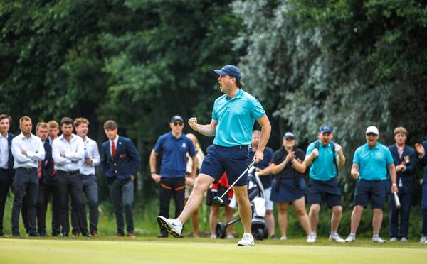 Thomas Higgins celebrates after sinking the crucial putt that helped Ireland win the European Amateur Team Championships in Estonia. Picture: EGA Thomas Higgins celebrates after sinking the crucial putt that helped Ireland win the European Amateur Team Championships in Estonia. Picture: EGA